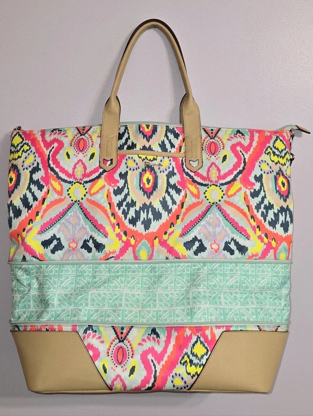 Multicolor Ikat Pattern Weekender Tote Bag with Tan Trim